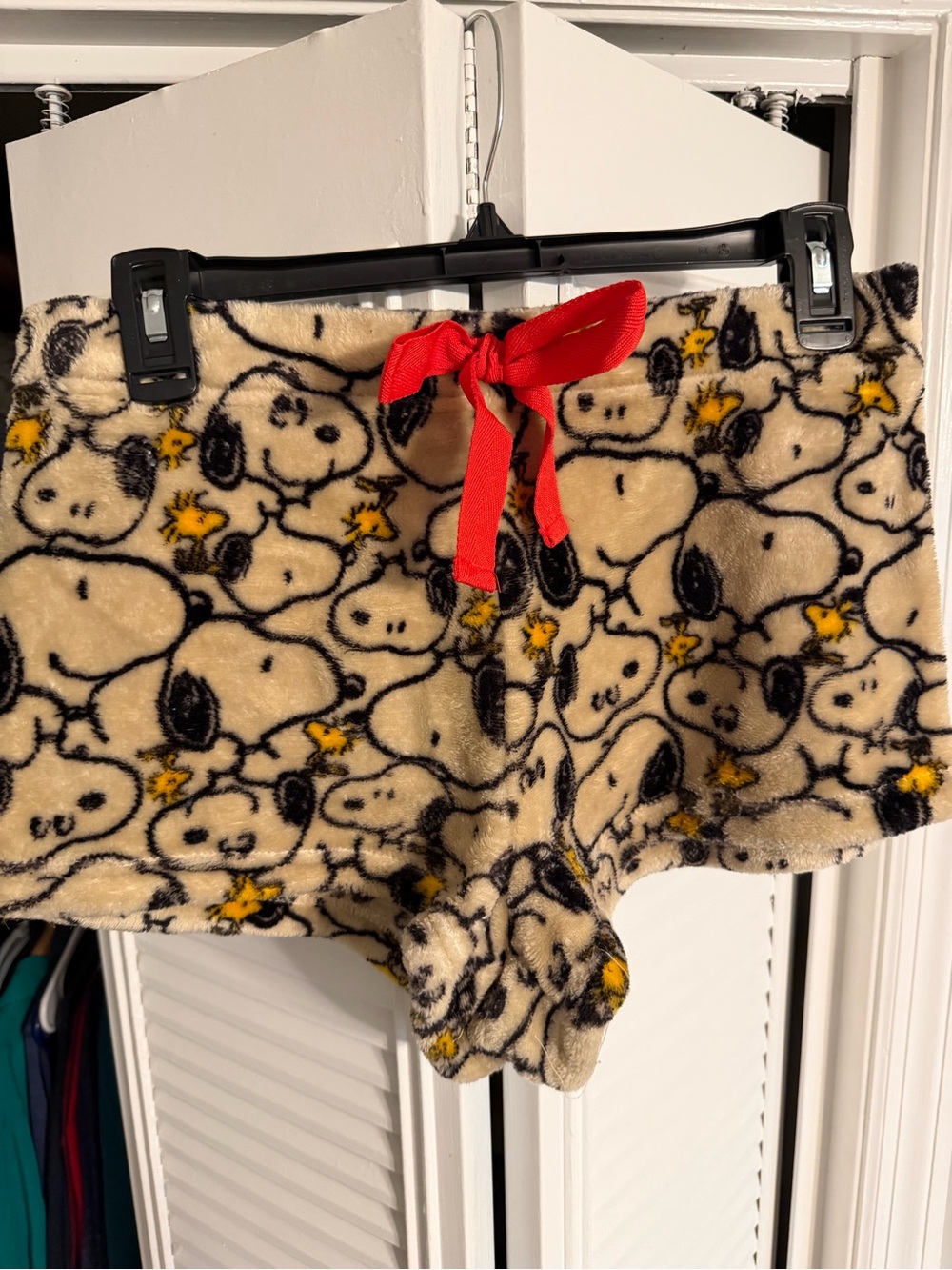 Peanuts Beige Snoopy Print Fleece Shorts with Red Drawstring